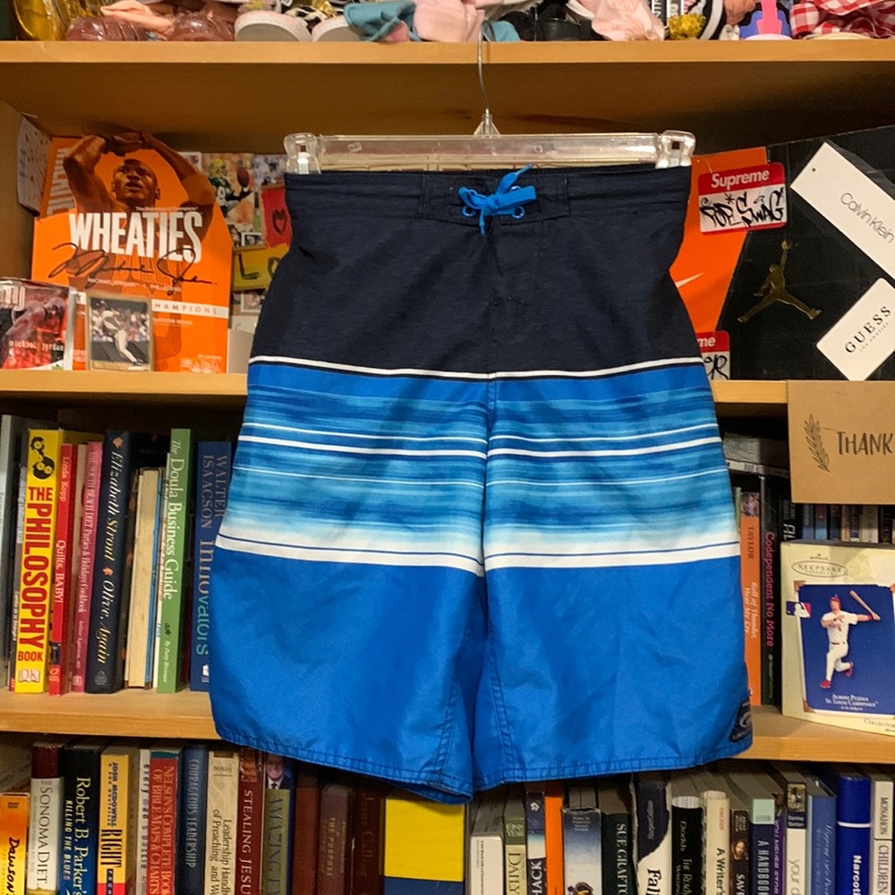 LAGUNA-youth blue stripe drawstring stretch waistband board shorts
